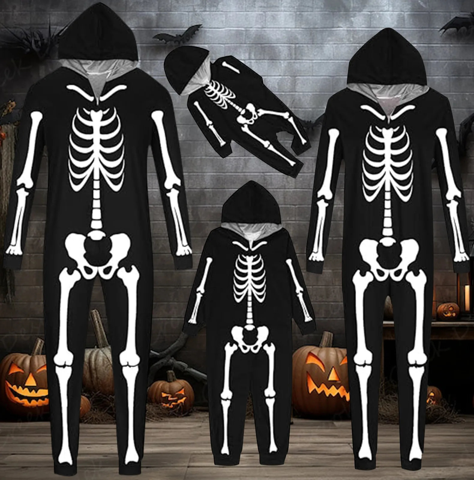 Halloween Party Clothes for Family Skeleton Print Matching Pajamas Set Mom Dad Kids Sleepwear Soft Thick Look Pyjama 241017