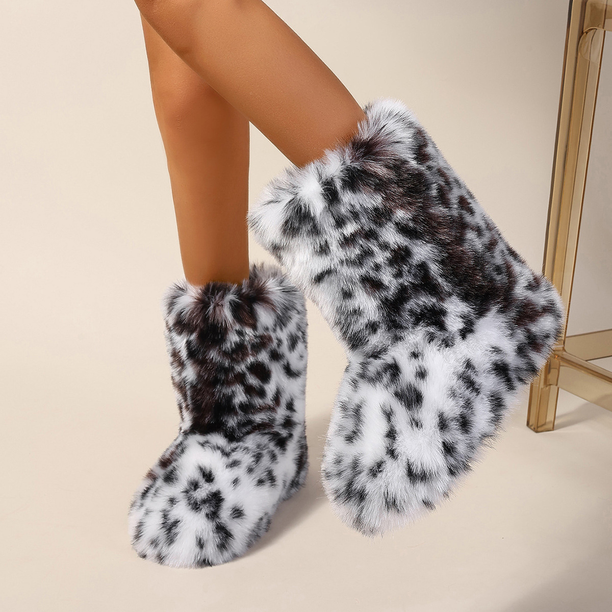Faux Fur Boots for Women Fuzzy Fluffy Furry Round Toe Suede Winter Snow Boots Flat Shoes