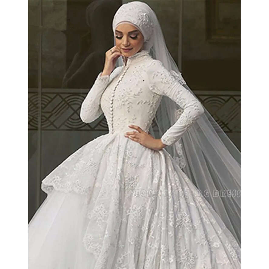 Muslim Lace Vintage White Hijab Dresses Tulle High Neck Ball Gown Wedding Dress Long Sleeve Bridal Gowns s