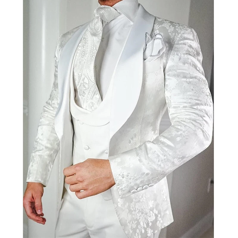 White Floral Wedding Tuxedo For Groom Slim Fit Men Suits With Satin Shawl Lapel Custom 3 Pieces Male Fashion Costume Jacket Vest