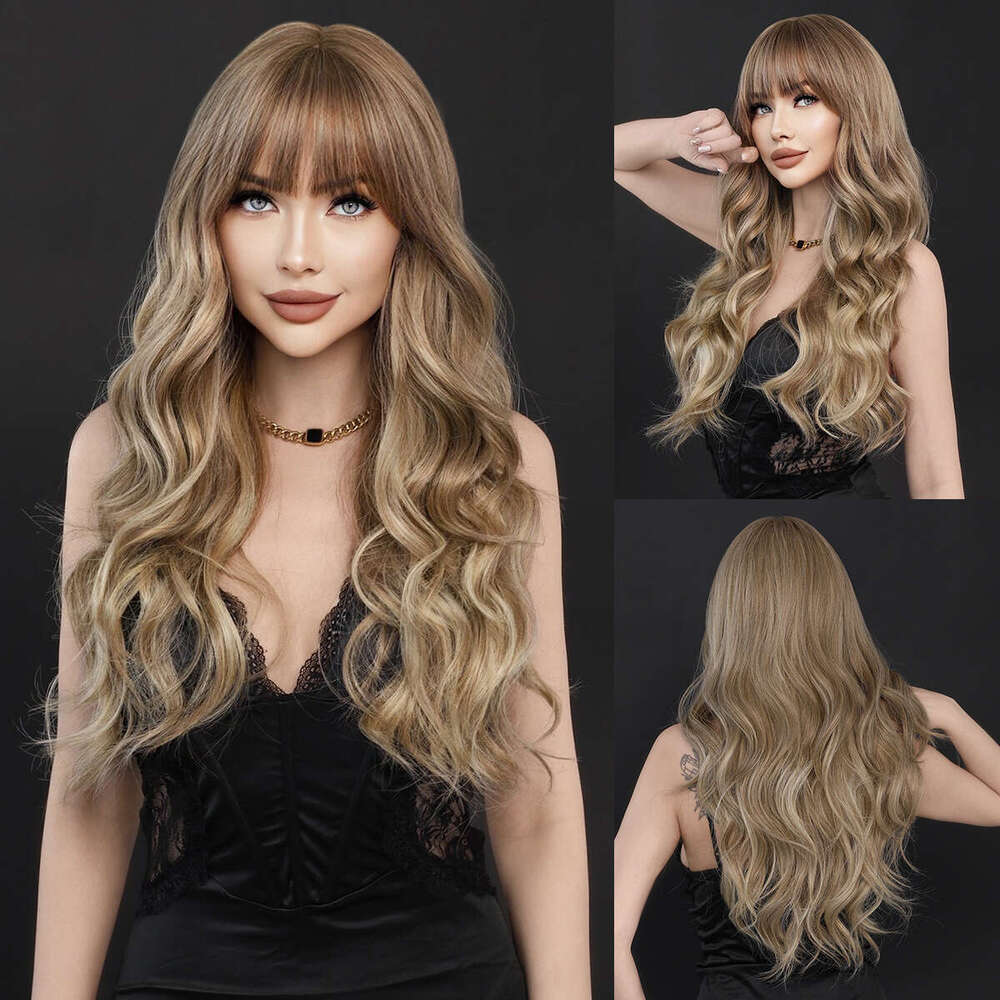 Female Wig With Air Bangs, Long Curly Hair, Hazelnut Beige Wig, Full Head Cover, Brown Wavy Wig