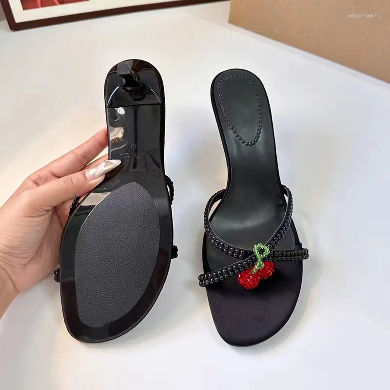 Dress Shoes Cute Cherry Decorate Black High Heel Slippers Women Round Head Open Toe Stilettos Sweet Pump Sandals Shoe For Woman