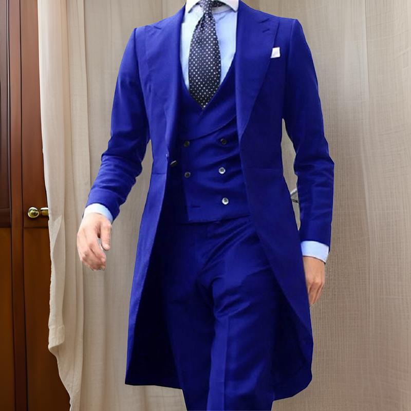 Formal Men Suits with Long Smoking Jacket Slim Fit 3 Pieces Wedding Tuxedo Tailor Made Groom Prom Party Blazer Latest Coat Pants Design