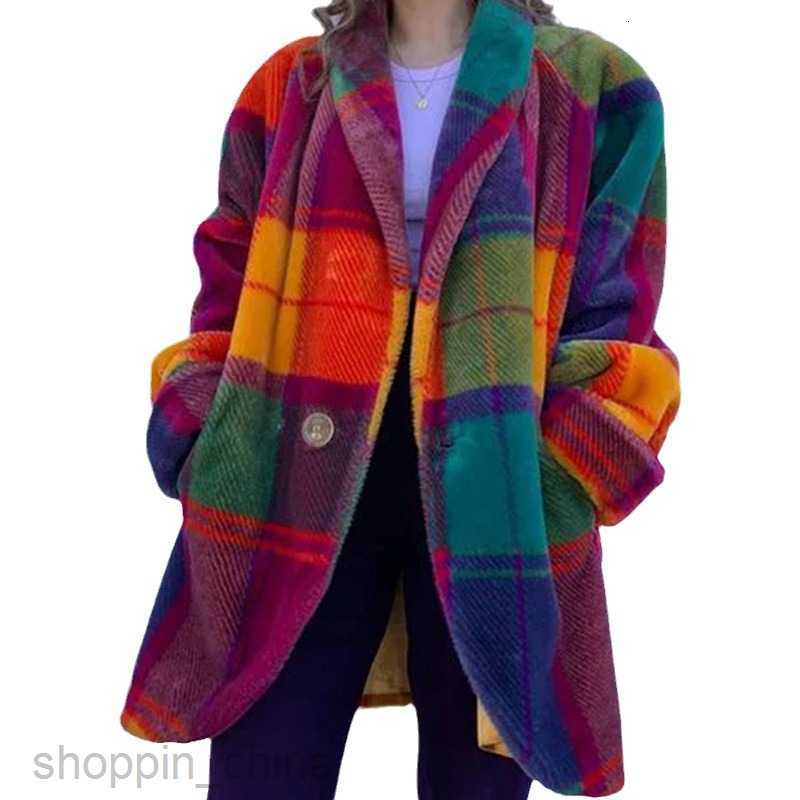 Women Jackets Coats autumn women's long sleeved lapel color blocked coat with printed woolen fabric long coat