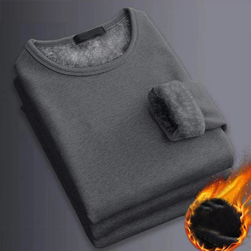Epligg Mens Long-sleeved Winter Thermal Underwear Plus Velvet Padded T-shirt Slim Solid Color O-Neck Bottoming Shirt 241017