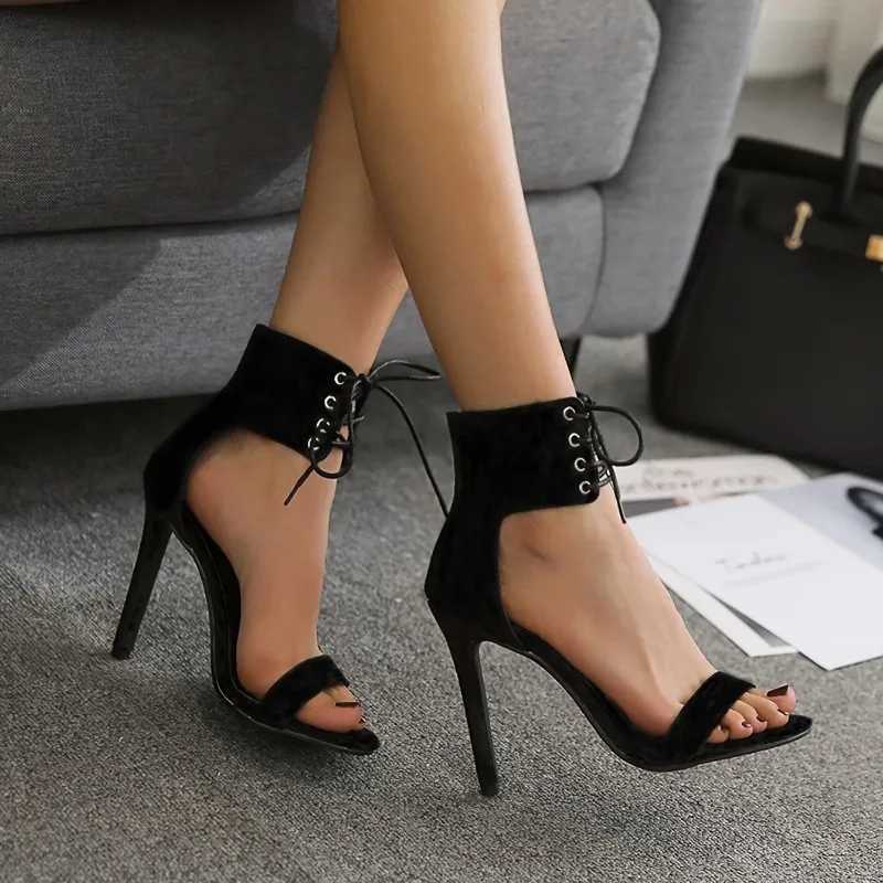 Sexy Open Toe Lace Hollow Cross Sandals hot for Womens Roman Shoes Side Zipper Thin High Heels Cool New Designer pumps Z241017