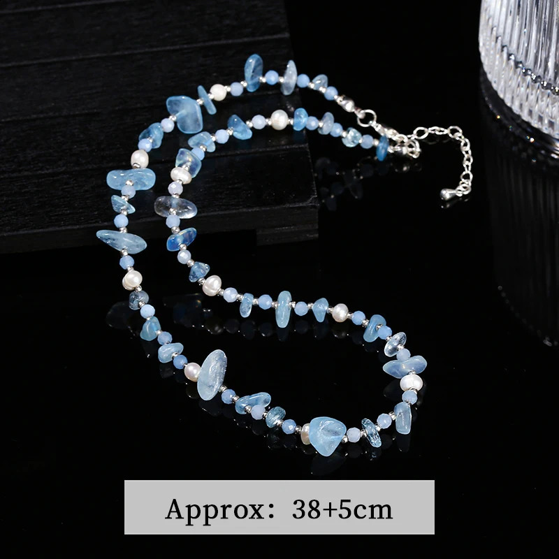JD Natural Sea Blue Gemstone Irregular Gravel Chip Stone Chain Necklace Womens Spiritual Healing Handmade Gemstone Bead Necklace Couple Gift 241017