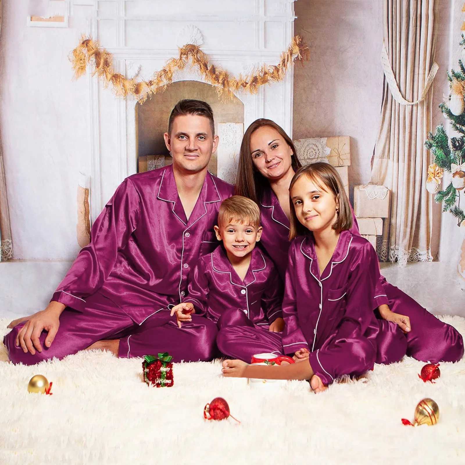 Christmas satin solid color pajamas set suitable for families appearance matching clothing buttons casual shirts and pants parents and childrens set W