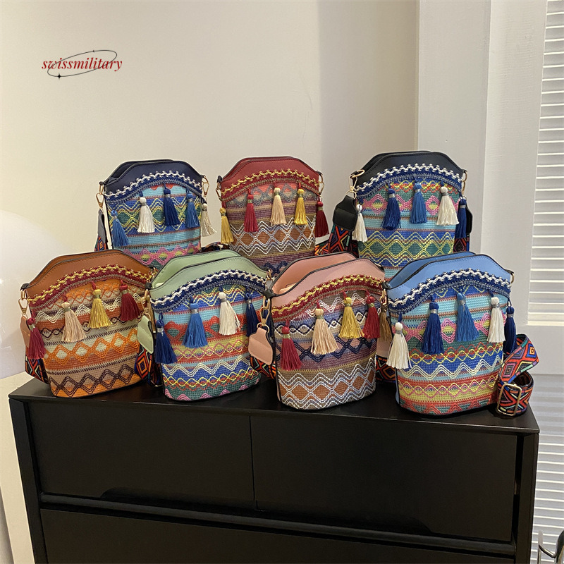 2024 New Ethnic Style Women's Fashion Versatile Crossbody Bucket Bohemian Embroidery Tassel Hanfu Bag #13 swissmilitary