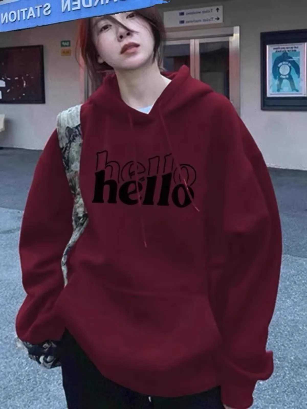 Burgundy High-end Sweatshirt for Women American Autumn and Winter Retro Lazy Style oversize Loose Spring Hooded JacketX241016