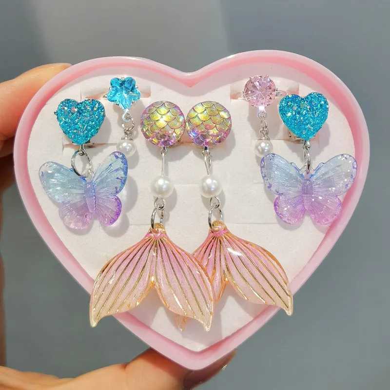 3 pairs of cute childrens ear clip earrings suitable for girls without ear holes sweet mermaid baby ear clip set W241017