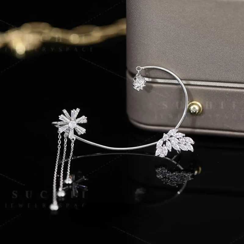 Rotating flower earrings with fake perforated tassel earrings suitable for women to rotate shiny zircon unusual earrings with fashionable jewelry cuff