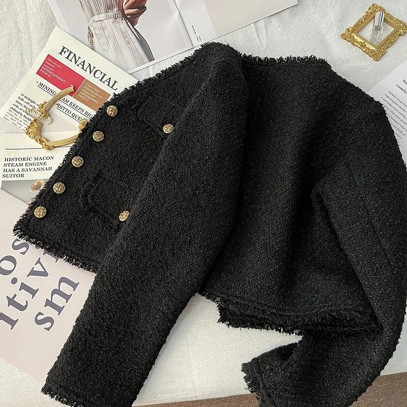 Rimocy 2024 Tweed Cropped Jackets for Women Elegant Short Single-Breasted Coats Woman Korean Chic Black V Neck Jacket Female 241017
