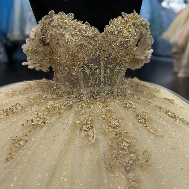 Champagne Shiny Sweetheart Off the Shoulder Quinceanera Dresses Ball Gown Tulle Appliques Lace Crystals Mexican Sweet 16 Dress Vestidos De 15 Anos
