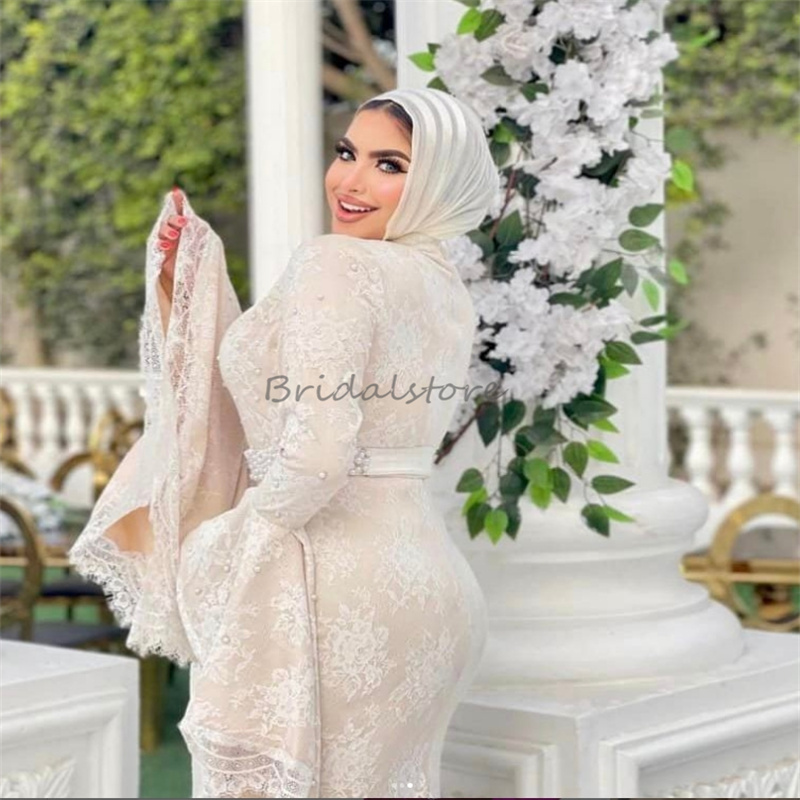 Gorgeous Champagne Arabic Evening Dress Plus Size Mermaid Middle East Full Lace Prom Dresses Beaded Abaya Turkey Formal Party Robe De Soiree Reception