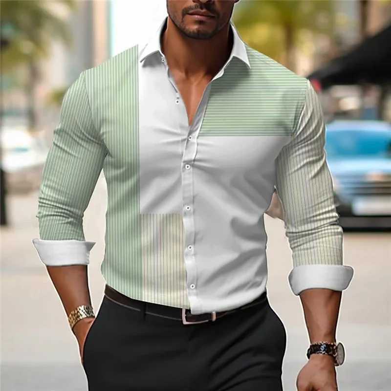 Mens 3D Line Plaid Shirt High Quality Lapel Long Sleeve Shirt Mens Social Shirt Luxury Clothing Slim Prom Oversized Shirt LX241017