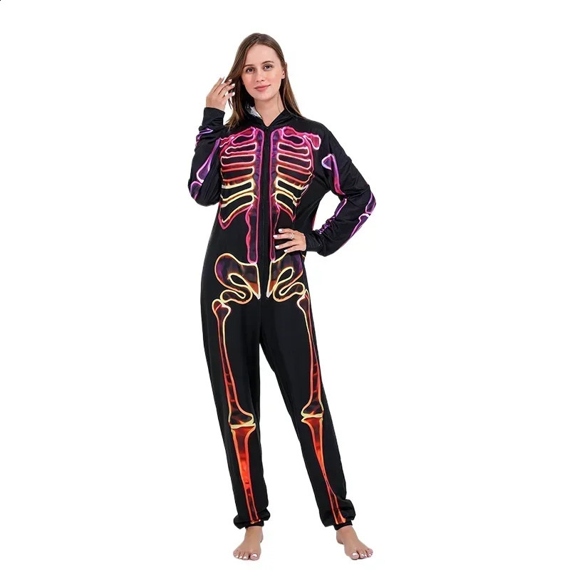 Family Halloween Matching Pajamas Parentchild Skeleton Print Clothes Zipper Hooded OnePiece Jumpsuit Look Pjs 241017