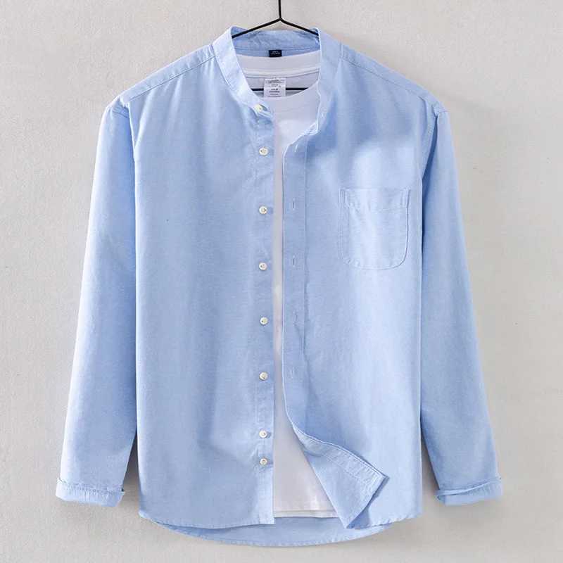 New Autumn Cotton Oxford Mens Shirt Solid Color Long Sleeve Stand Collar Blouse Designer Clothes Spring Social Shirts for Men LX241017