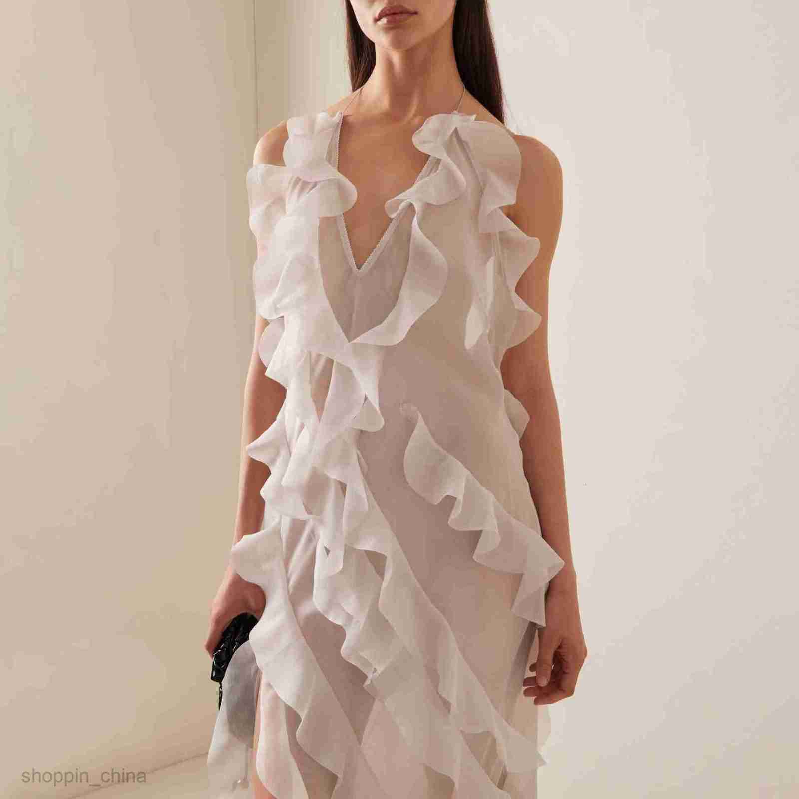 Basic Casual Women Dresses New women's dress with sexy deep V-neckline suspender long skirt and high slit ruffle edge cake skirt
