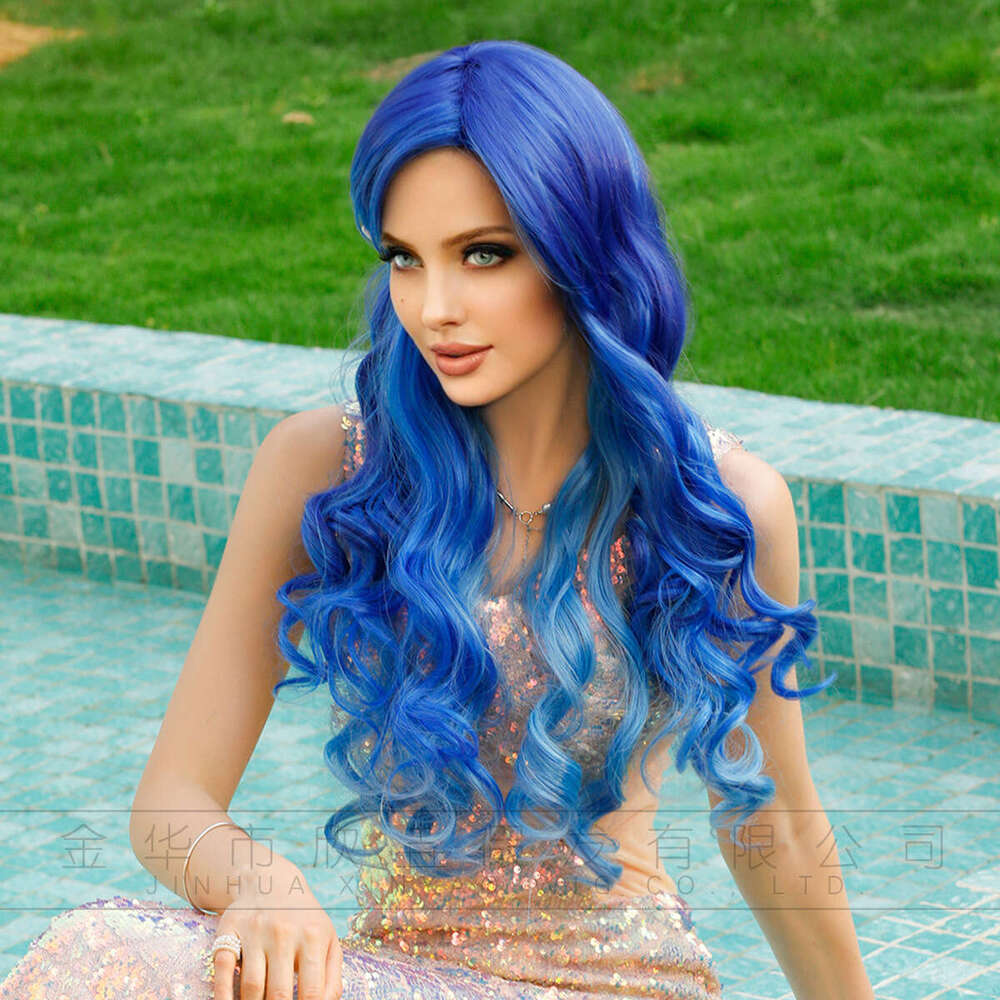 Wig Changing Into Long Curly Hair Ice Blue Gradient Mermaid Cosplay Wig