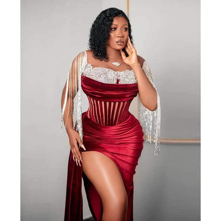 Plus Arabic 2022 Size Aso Ebi Bury Urious Veet Prom Dresses Lace Beaded Evening Formal Party Second Reception Birthday Engagement Gowns Dress Cg001