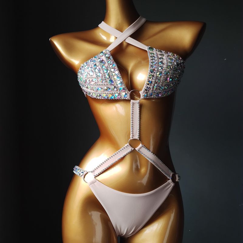 Women's Swimwear Diamond Chain Bikini One Piece Three Point Sexy Swimwear, High Waist Strap Nightclub Dress Party Dress Swimsuit Women