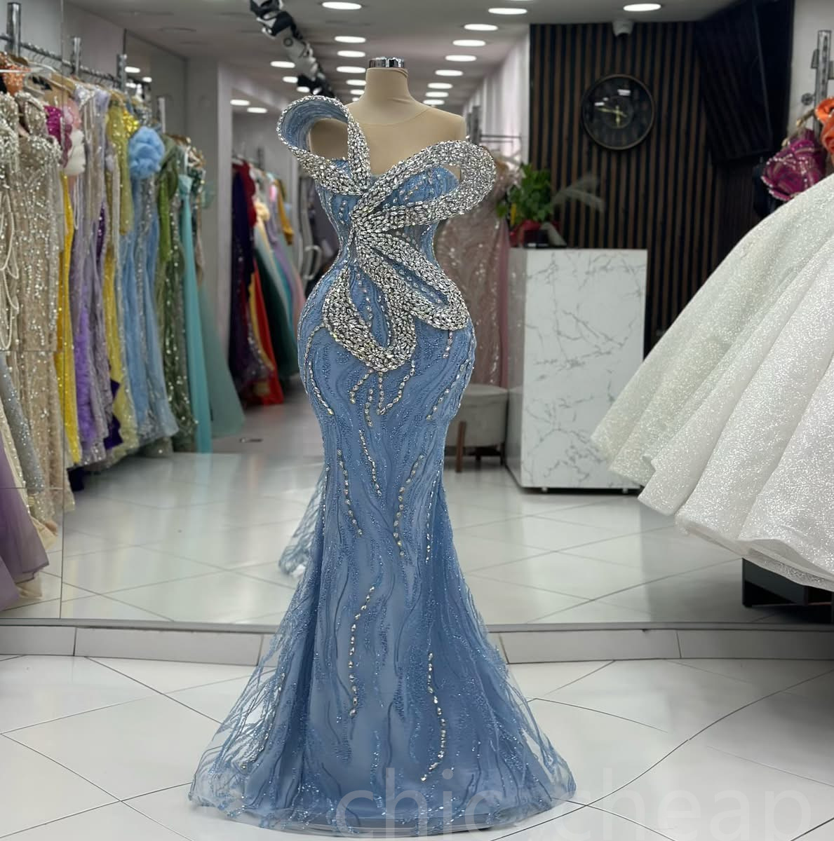 Aso Ebi 2024 Light Sky Blue Mermaid Prom Dresses Rhinestones Sequined Lace Evening Formal Party Second Reception Birthday Gowns Dress For Special Occa