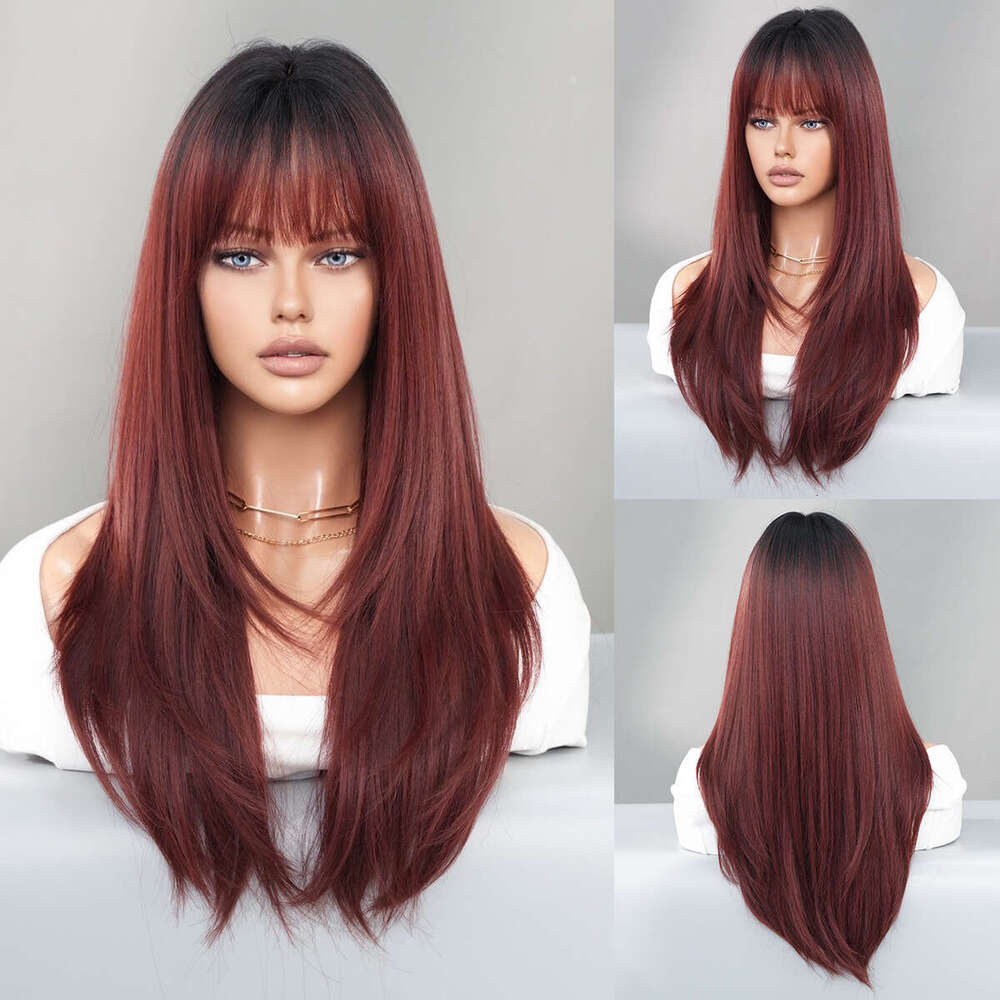 High Level Raspberry Red For Women With Long Hair, Straight Bangs, Dyed Synthetic Headband, And Wig