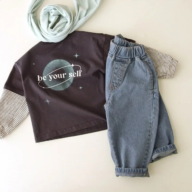 Children Long Sleeve Casual Pullover Baby Letter Print T Shirts Toddler Kids Cotton Tops Boys Girls Patchwork Sweatshirts 241017