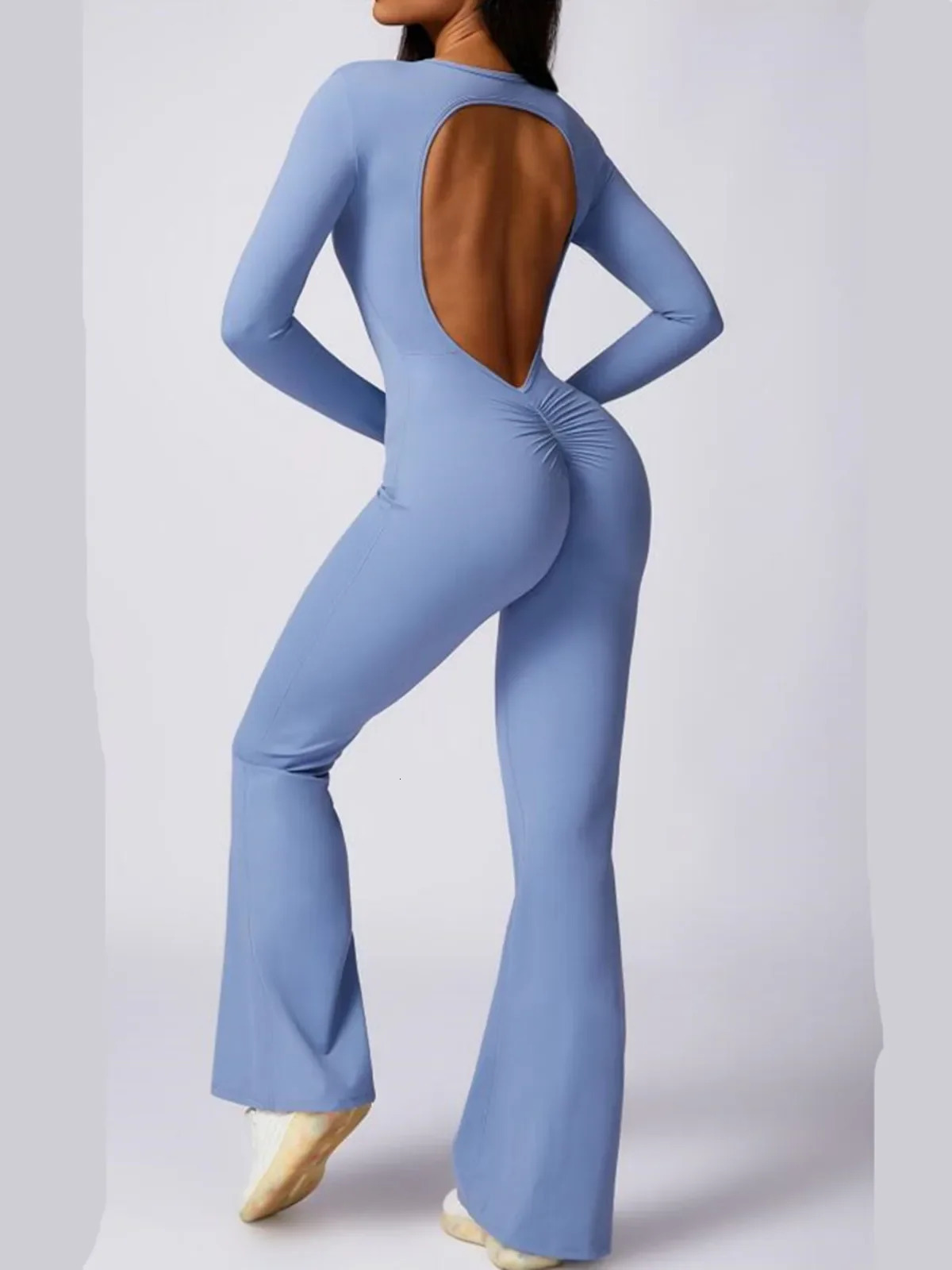 Sexy one-piece Flare yoga jumpsuit womens dance fitness long sleeved hollow backless workout gym Scrunch jumpsuit 241016