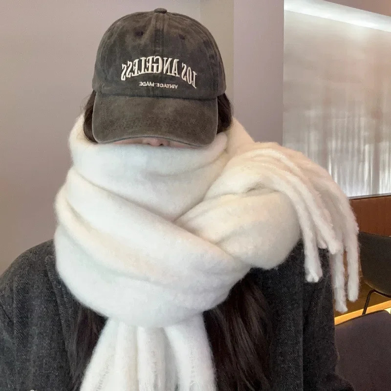 Thick solid color scarf womens winter item Korean winter student version shawl neck warm white 241017