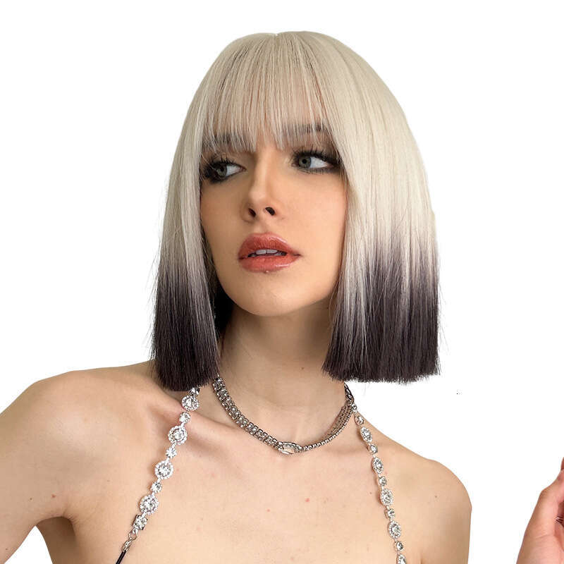 Bob Wig Women's Full Head Set Beige Gradient Black One Cut Collarbone With Straight Bangs Cos Short Hair