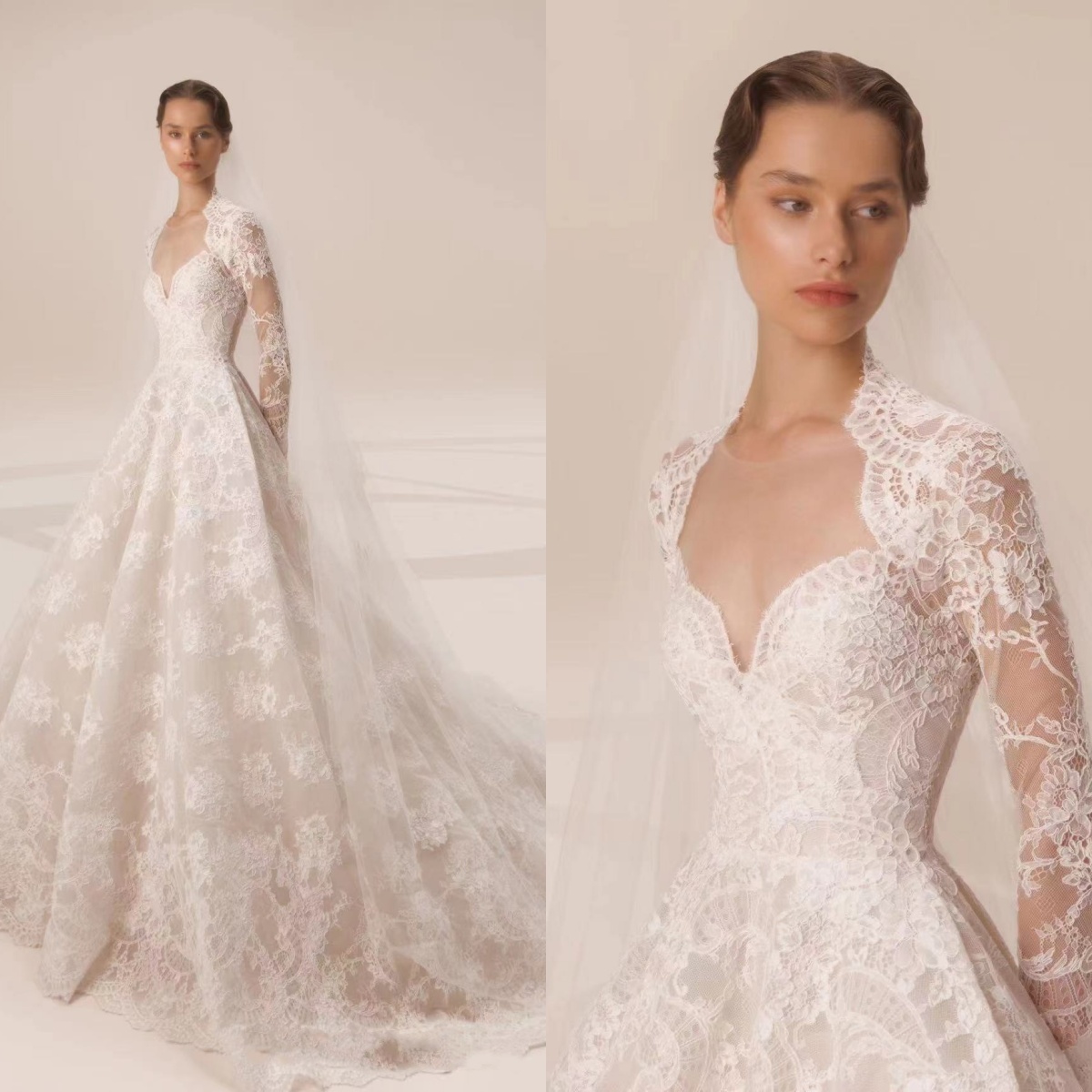 Elegant A Line Bride Gown With Veil O Neck Long Sleeve Wedding Dress Backless Ruched Sweep Train Lace Bridal Dresses Custom Made