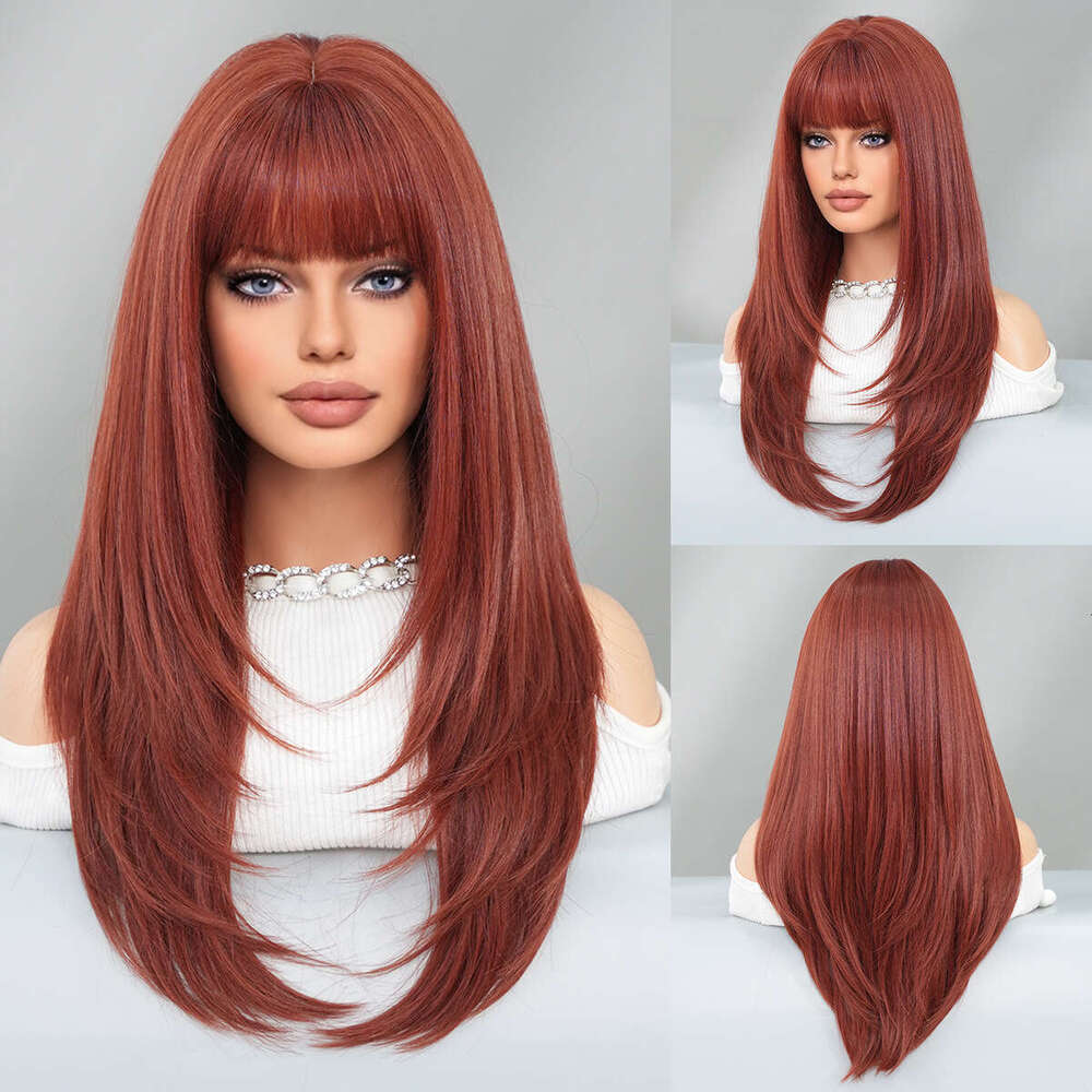 Wig Female Oban Orange Long Straight Hair With Bangs, Dyed Fiber On Top Of The Head, High-Level Wig Headband