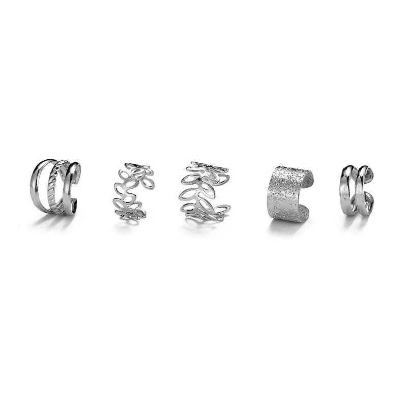 5 silver leaf clip earrings suitable for women creative and simple C-ear sleeves non perforated ear clip set trendy jewelry gifts W241017