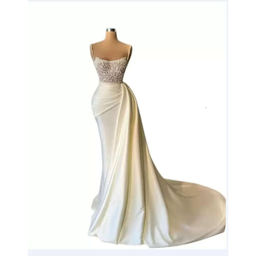 Spaghetti Party Pearls Long Evening Dress Beading Sequins Ruched Prom Gowns Satin Sweep Train Mermaid Dresses Pro232 es