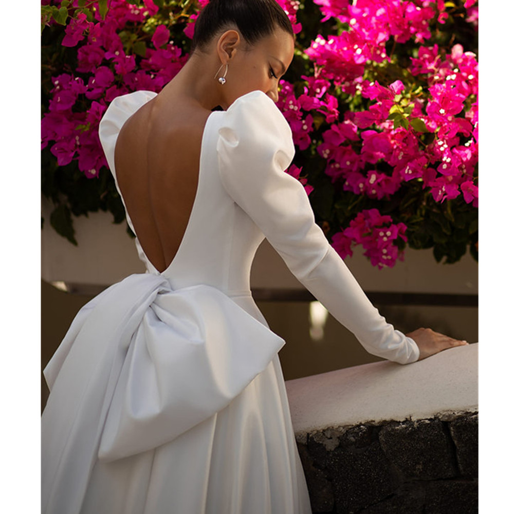 Modern Satin Wedding Dress Vestido De Noiva Boat Neck Long Sleeves Simple Backless Sweep Train Bride Bridal Gown with Big Bow