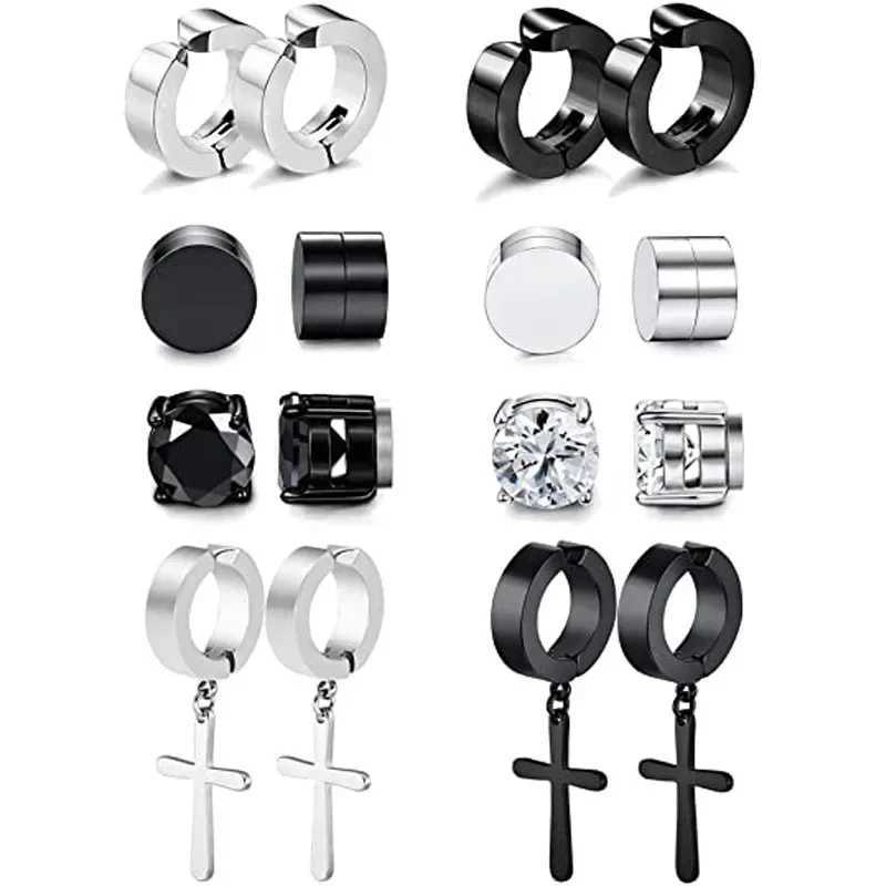 2 pieces of mens fashionable earrings with non-magnetic zircon stainless steel fake earrings set unisex style no perforation clip earrings jewelry W24