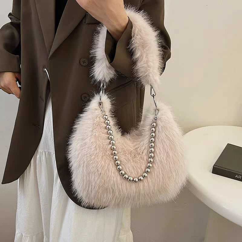 autumn winter furry bag design imitating fox fur armpit bag pearl chain shoulder bag dumpling bag 241015
