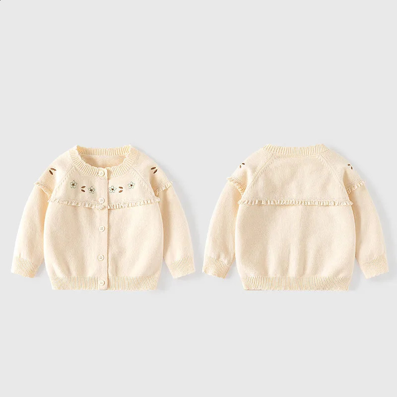 Autumn Toddler Girls Sweater Cotton Knitted Flower Embroidery Baby Coat Ruffles Elastic Little Cardigan Knitwear 241017