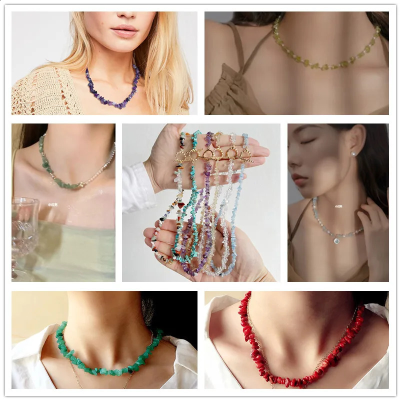 Bohemian treatment jewelry blue aquamarine necklace natural gravel chip bead necklace mens and womens suffocating fashion accessories 241017