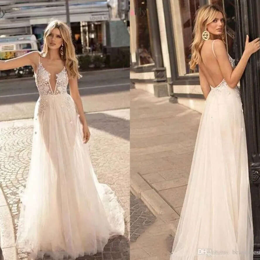 Sexy Lace 2020 Bohemian Backless Beach Wedding Dresses Deep V Neck Appliques Bridal Gown Long Tulle Vestido De Novia Cheap Bm1609 estido