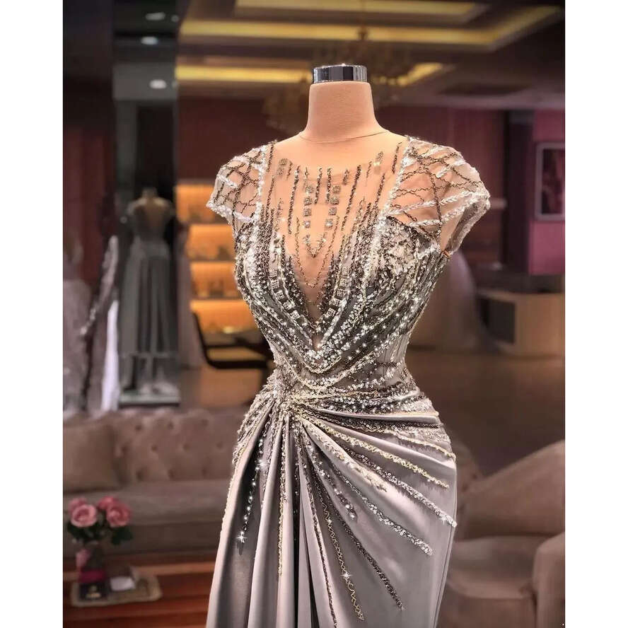Arabic Aso Size Plus Ebi Sier Mermaid Urious Prom Dresses Sheer Neck Beaded Crystals Evening Formal Party Second Reception Gowns