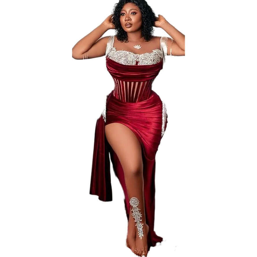 Plus Arabic 2022 Size Aso Ebi Bury Urious Veet Prom Dresses Lace Beaded Evening Formal Party Second Reception Birthday Engagement Gowns Dress Cg001