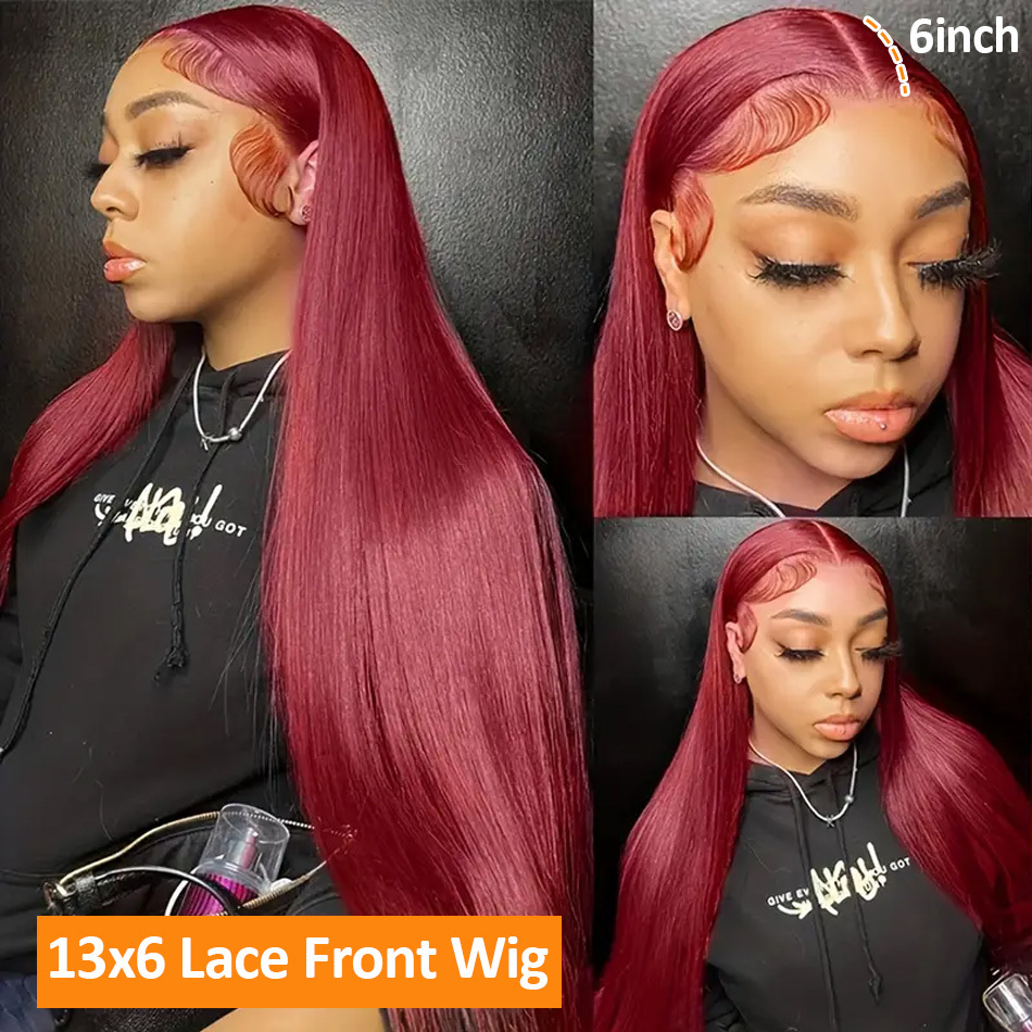 200 Density 30 32 Inch 99J Bury Straight 13X4 Front Human Hair Wig 13X6 Lace Frontal Wigs Red Curly Remy Brazilian Wine
