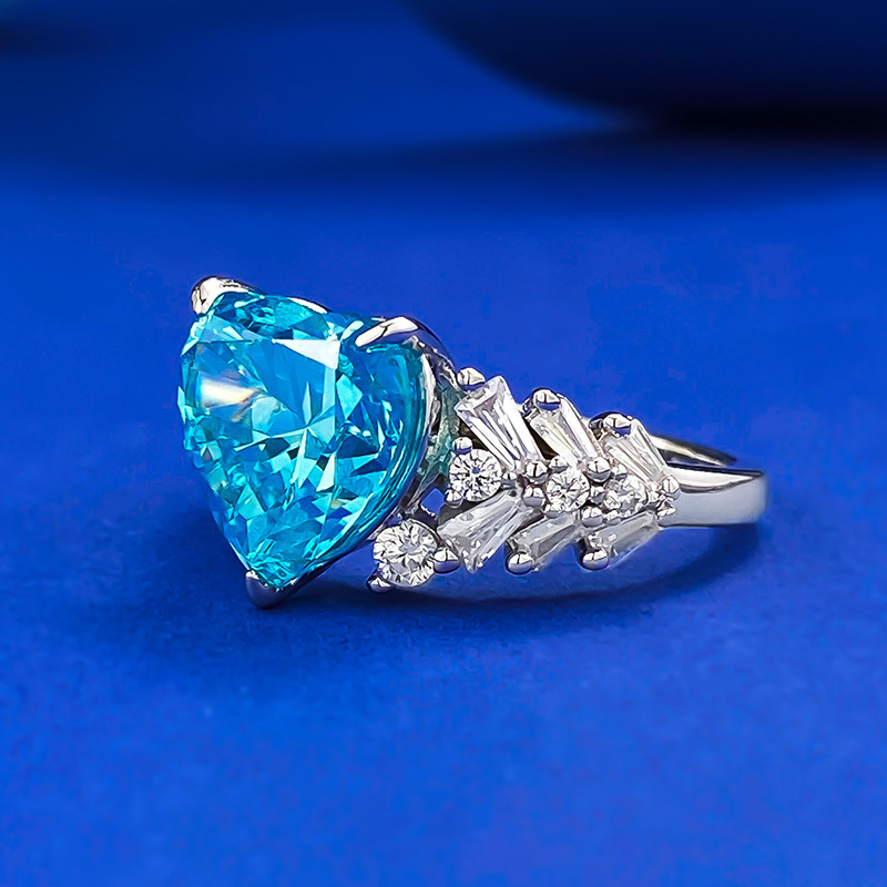Unique Sterg Sier Aquamarine Moissanite Engagement Ring | Heart-Shaped Eternity Band