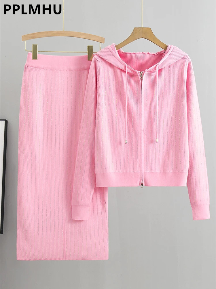 Hoodie Knitted Sweater 2-piece Set Womens Diamond Striped Ultra Thin Dress Conjuno Fashion Sweater Cardigan Ensemble Faldas Set 241017
