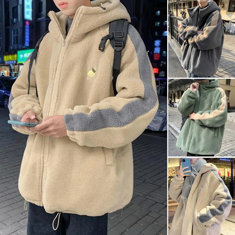 Leisure Vintage Fleece Mens Jacket Oversize Contrast Color Coat Warm Male Outwear Winter Parkas Clothes 241017