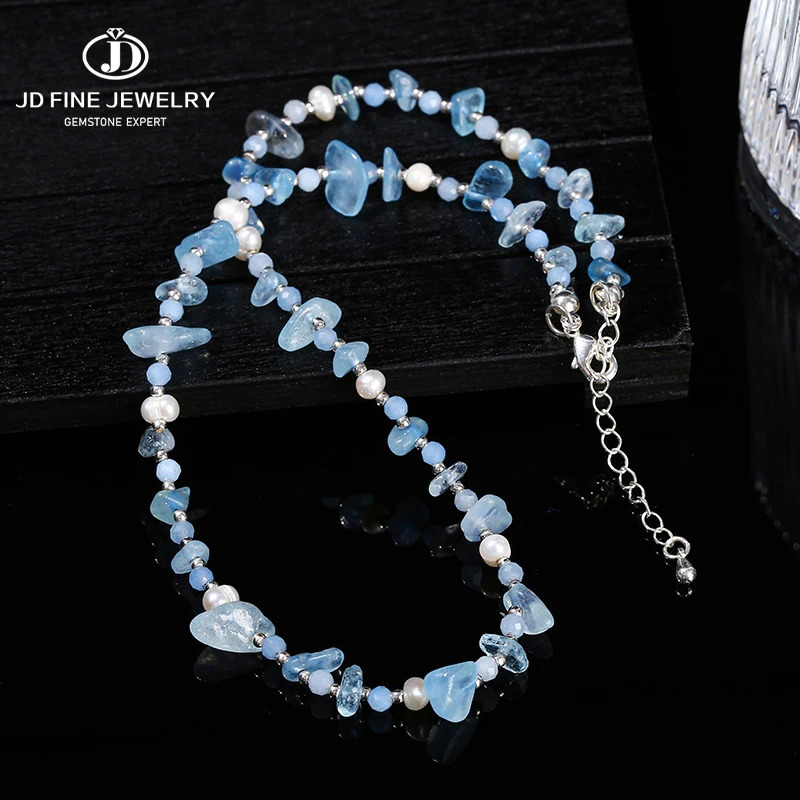 JD Natural Sea Blue Gemstone Irregular Gravel Chip Stone Chain Necklace Womens Spiritual Healing Handmade Gemstone Bead Necklace Couple Gift 241017