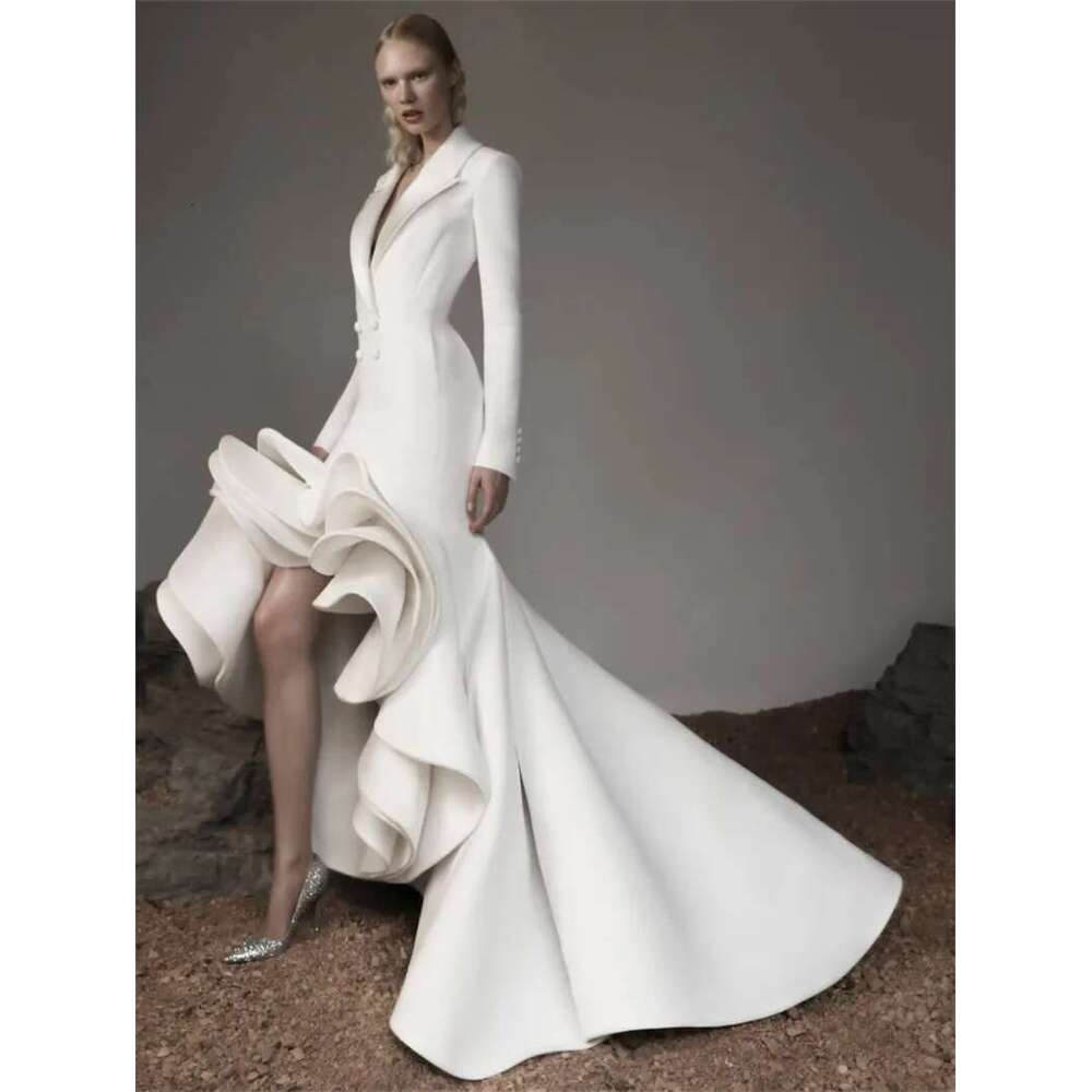 Tiered Pleated Women Suit Evening Dresses Double Breasted Deigner Custom Made Long Sleeve Satin Prom Gown Bc19643 0213